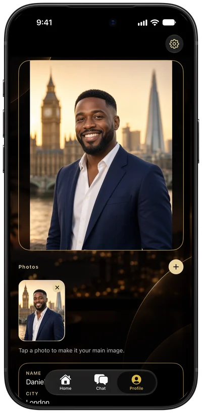 An elegant member profile with a primary photo in front of London landmarks